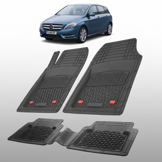 Set of black car floor mats with a blue car in the background
