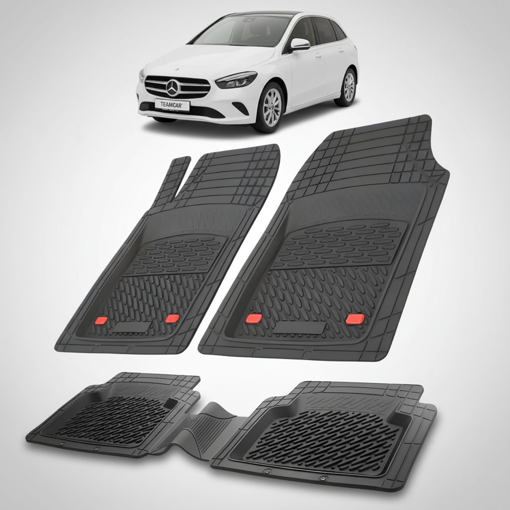 Set of black car floor mats with a white car in the background