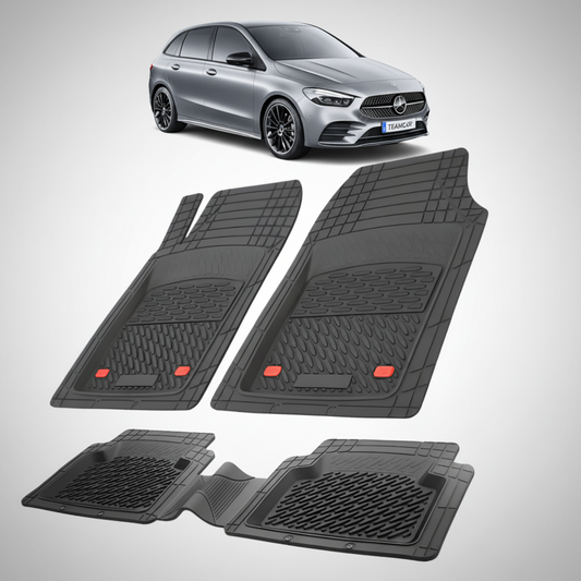Set of car floor mats with a Mercedes-Benz car in the background