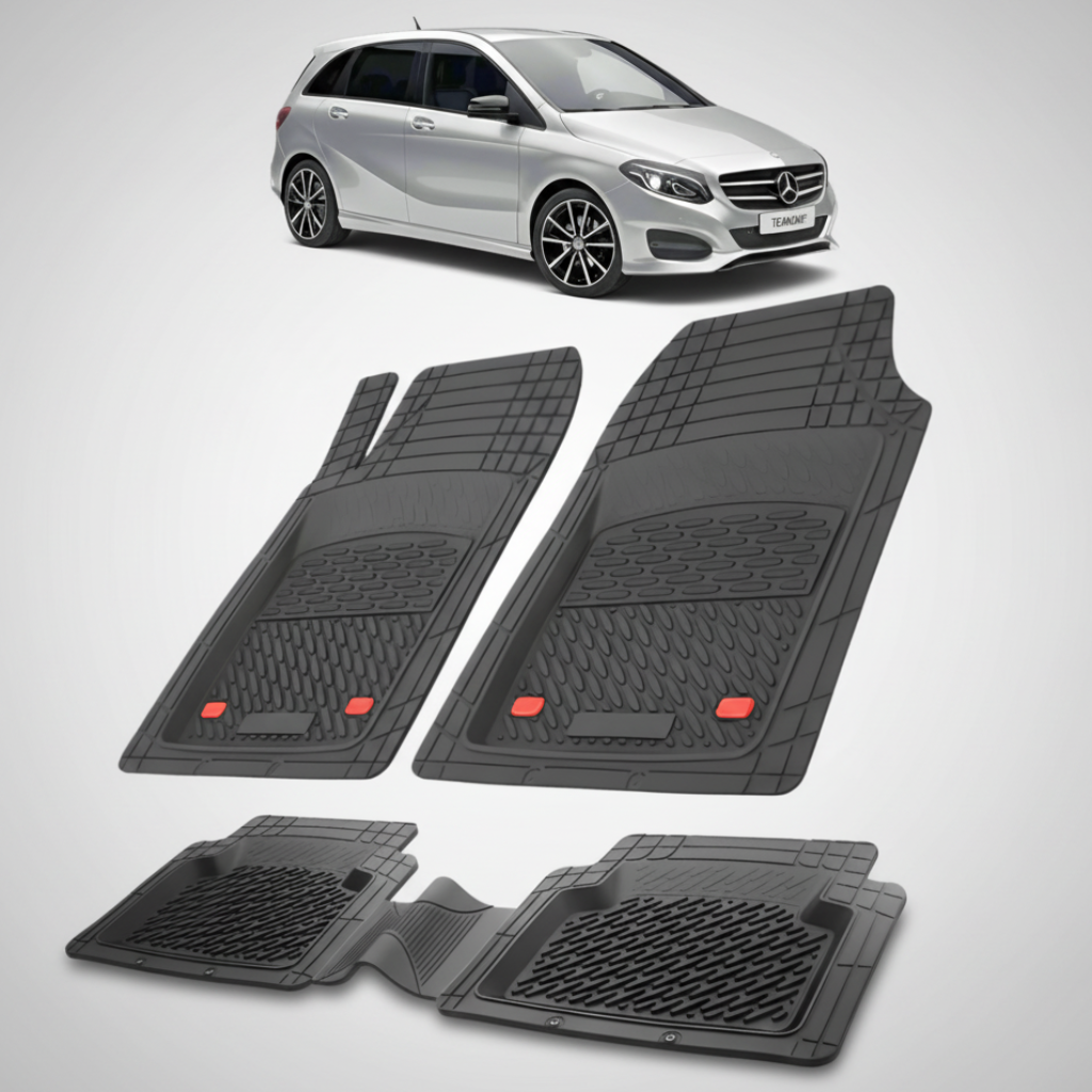 Set of black car floor mats with a Mercedes-Benz car in the background