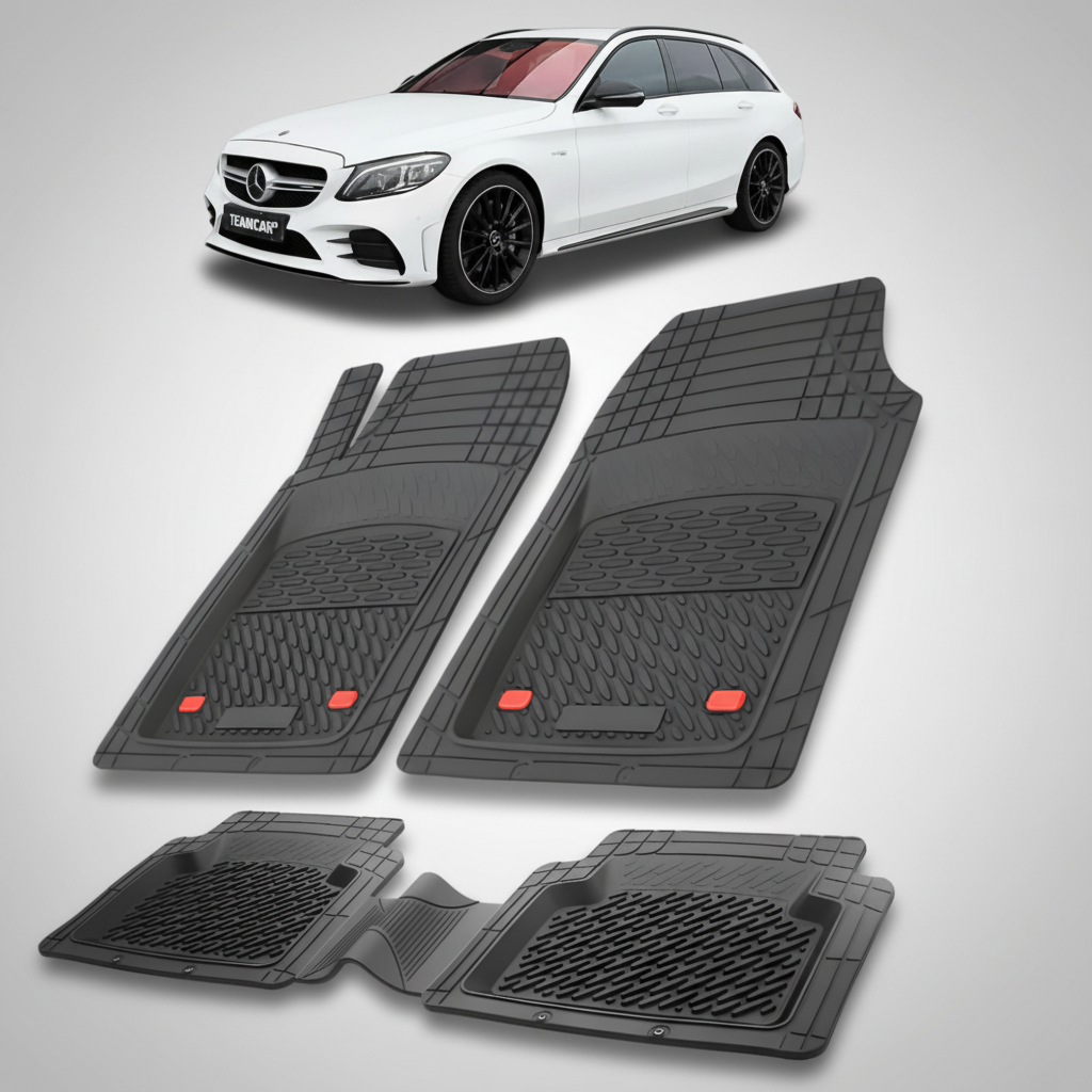 Set of black car floor mats with a white Mercedes-Benz car in the background.
