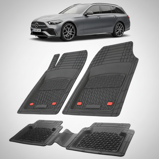 Set of black car floor mats with a gray car in the background
