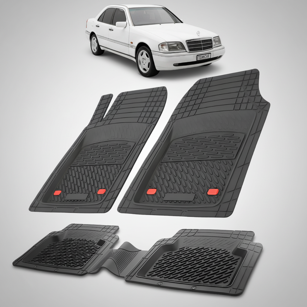 Set of black car floor mats with a white car in the background