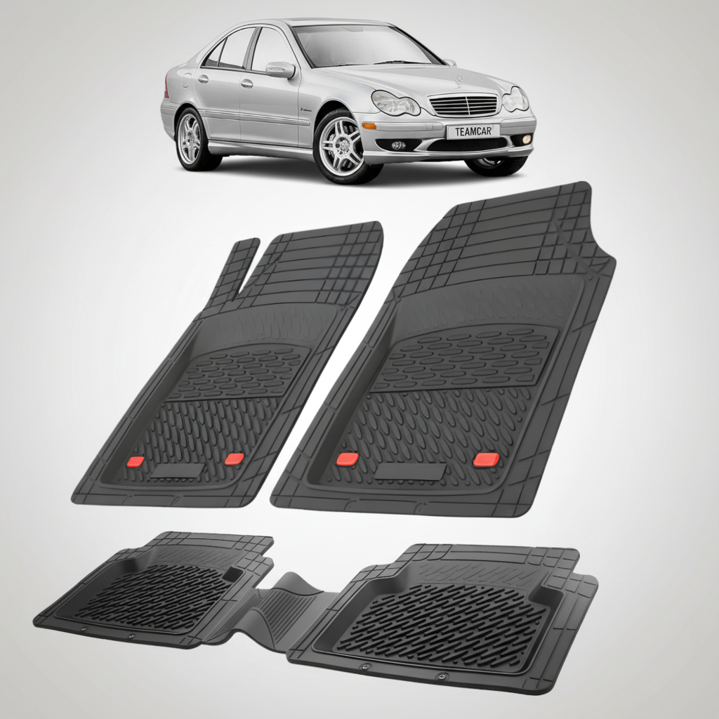 Set of black car floor mats with a silver car in the background