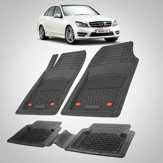 Set of black car floor mats with a white car and 'TeamCar' logo in the background.