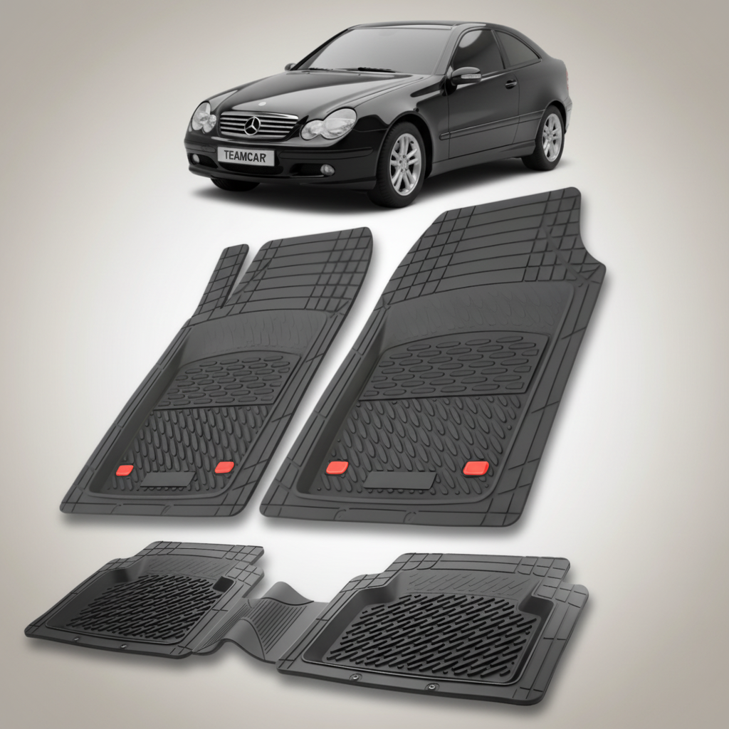 Set of black car floor mats with a Mercedes-Benz car in the background.
