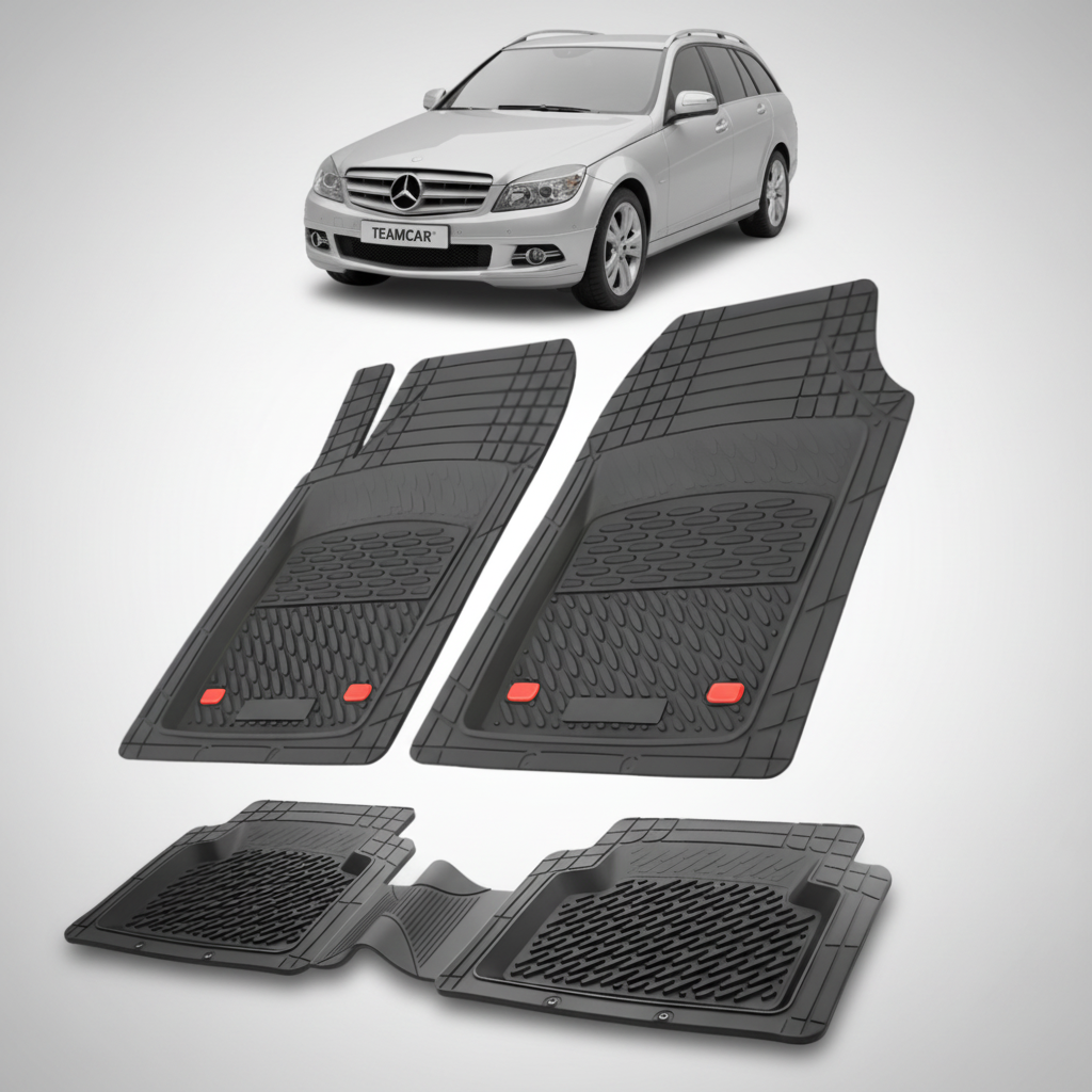Set of black car mats with a Mercedes-Benz car in the background