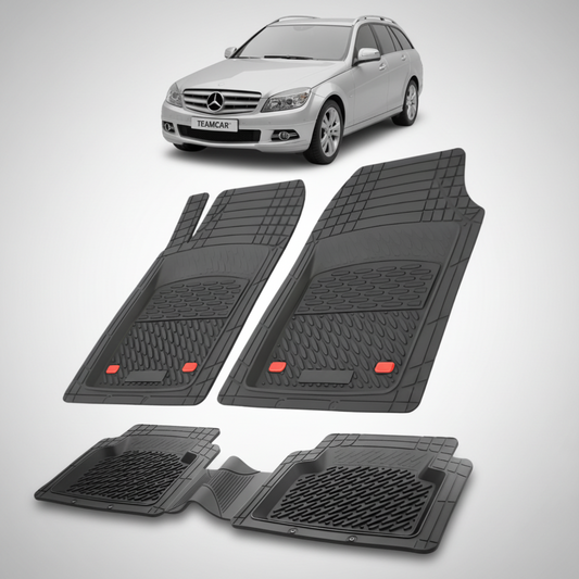 Set of black car mats with a Mercedes-Benz car in the background