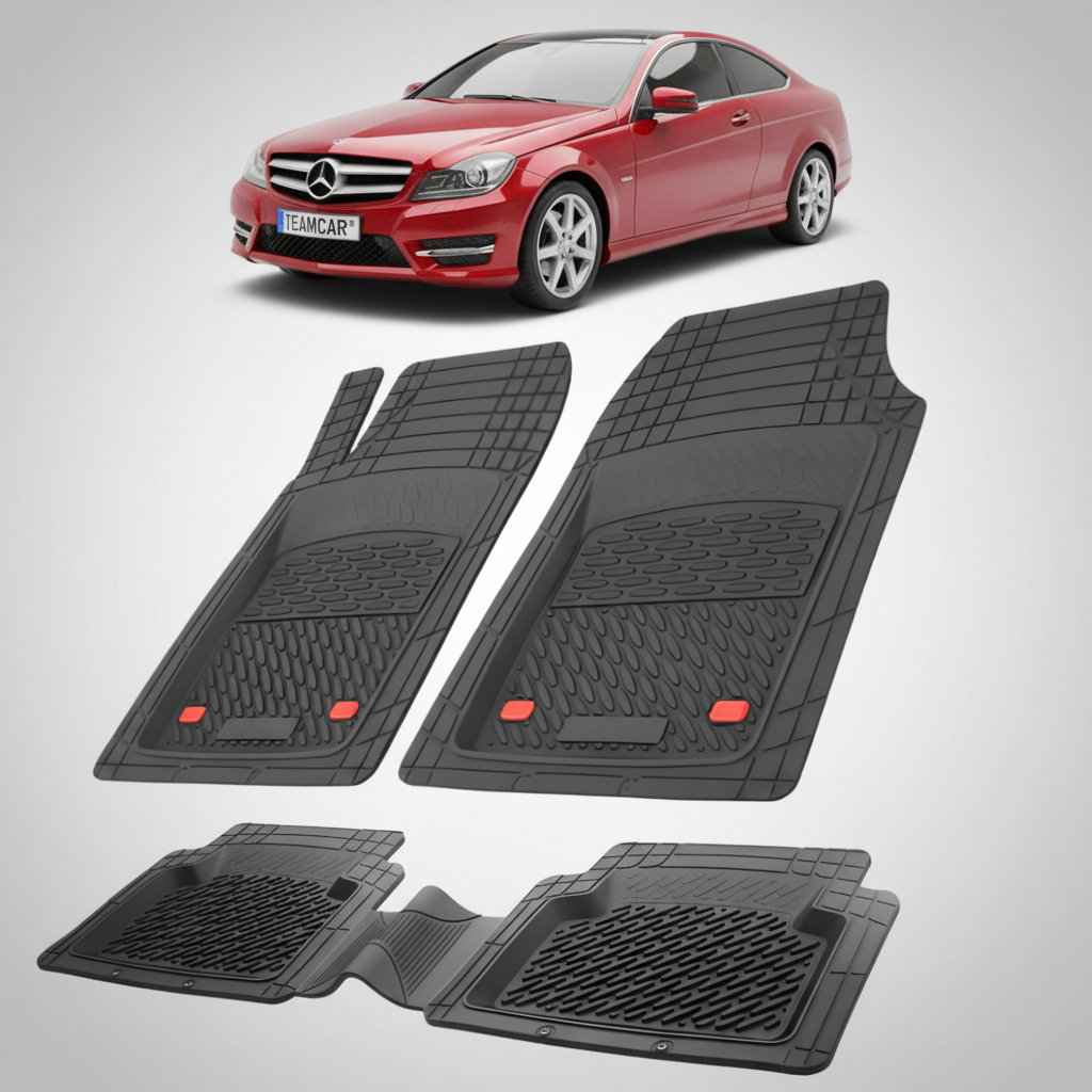 Set of black car floor mats with a red car in the background