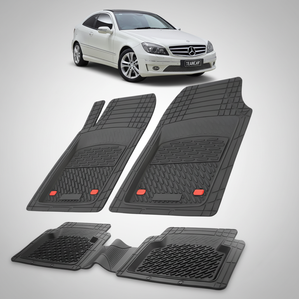 Set of black car floor mats with a white car in the background