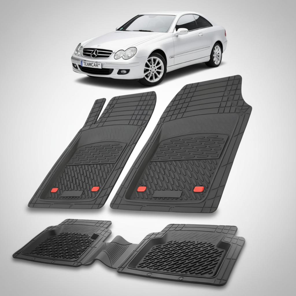 Set of black car floor mats with a white car in the background
