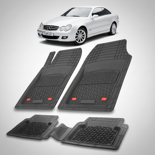 Set of black car floor mats with a white car in the background