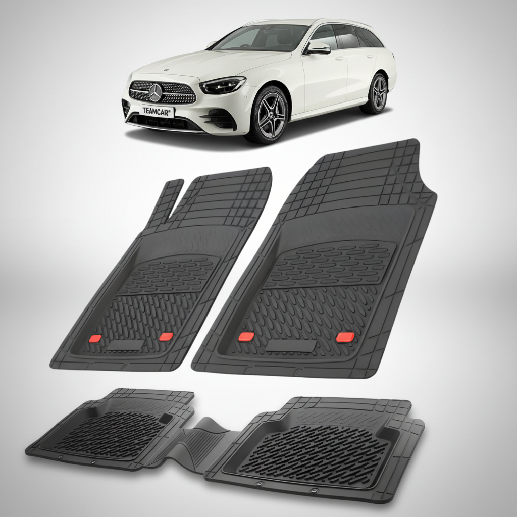 Set of black car floor mats with a white Mercedes-Benz car in the background.