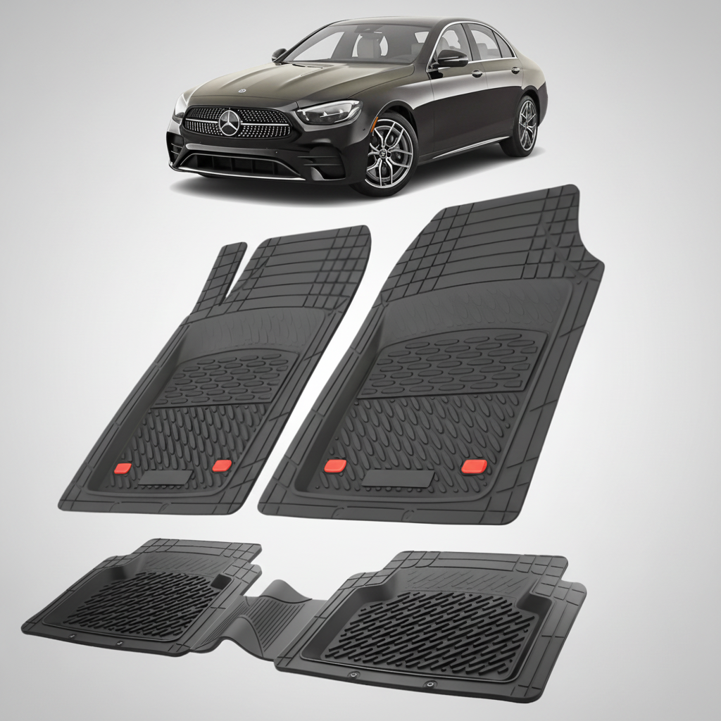 Set of black car floor mats with a Mercedes-Benz car in the background