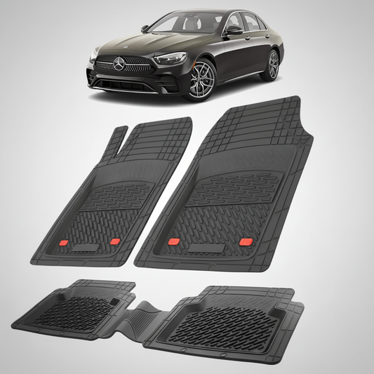 Set of black car floor mats with a Mercedes-Benz car in the background