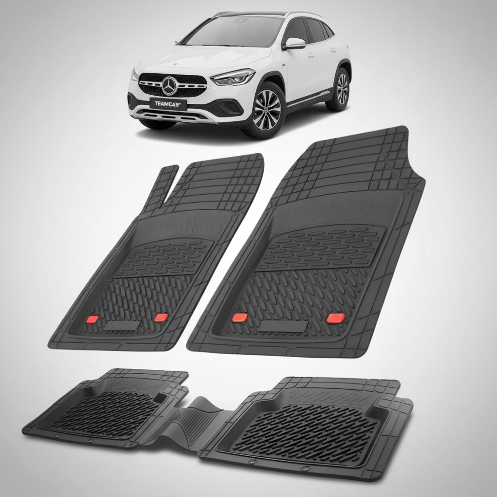 Set of black car mats with a white Mercedes-Benz car in the background