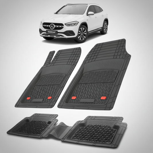 Set of black car mats with a white Mercedes-Benz car in the background