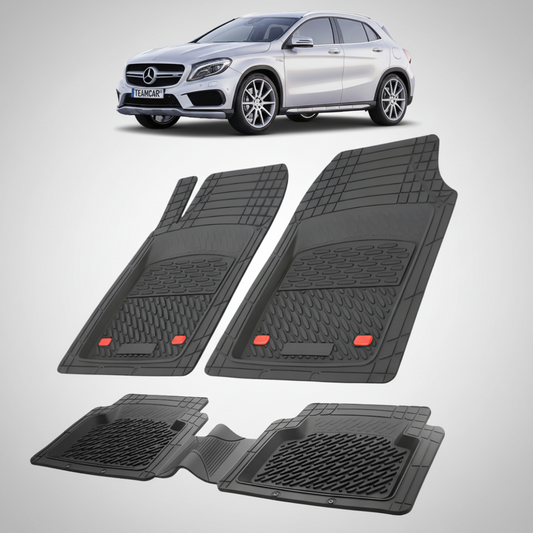 Set of black car floor mats with a Mercedes-Benz GLA car in the background.