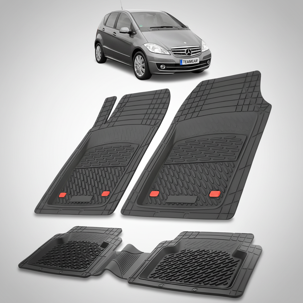 Set of black car floor mats with a Mercedes-Benz car in the background.