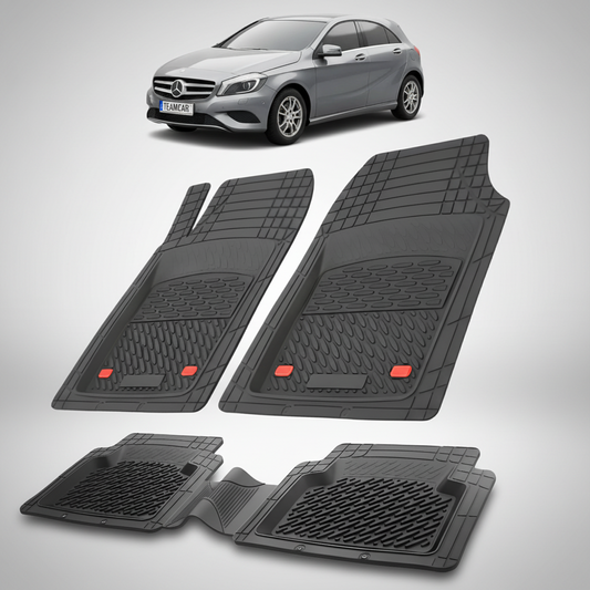 Set of black car floor mats with a Volkswagen car in the background