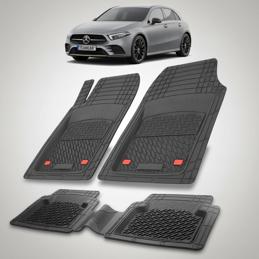 Set of black car floor mats with a Mercedes-Benz car in the background