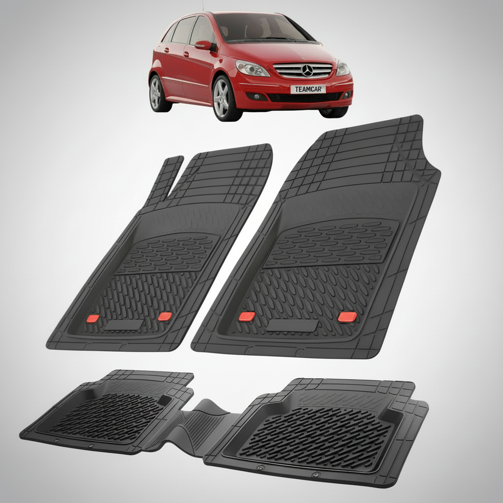 Set of black car floor mats with a red car in the corner.