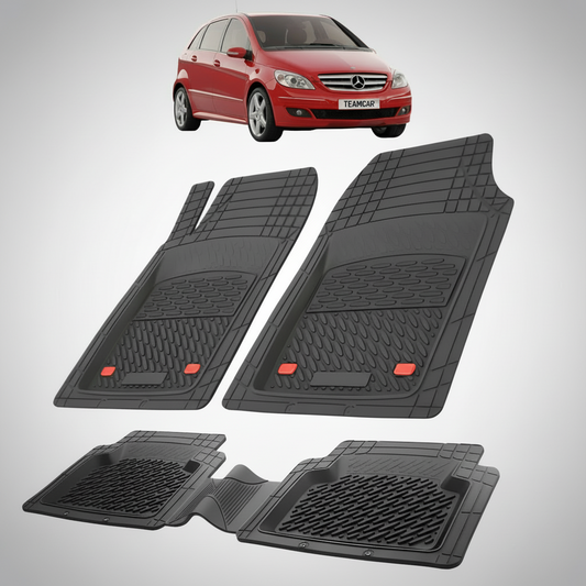 Set of black car floor mats with a red car in the corner.