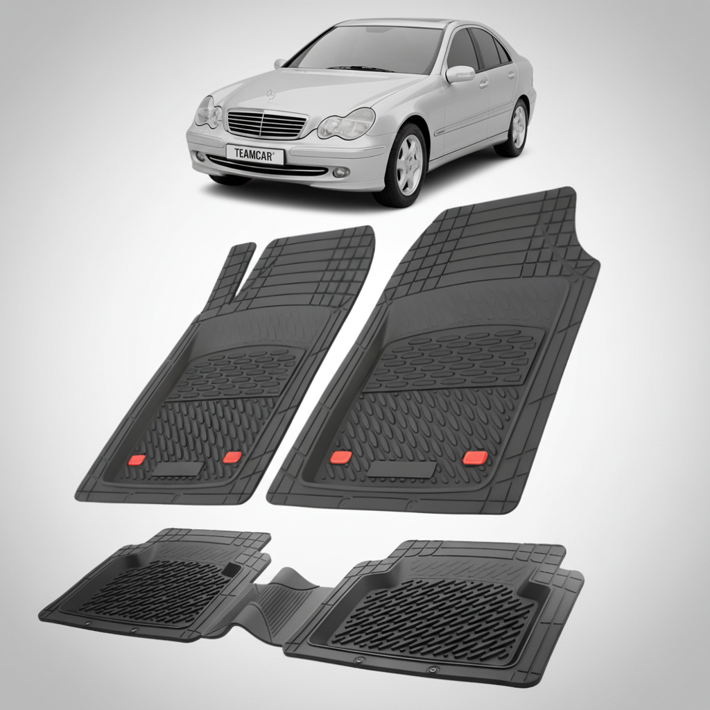 Set of black car mats with a Mercedes-Benz car in the background