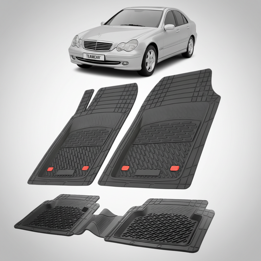 Set of black car mats with a Mercedes-Benz car in the background