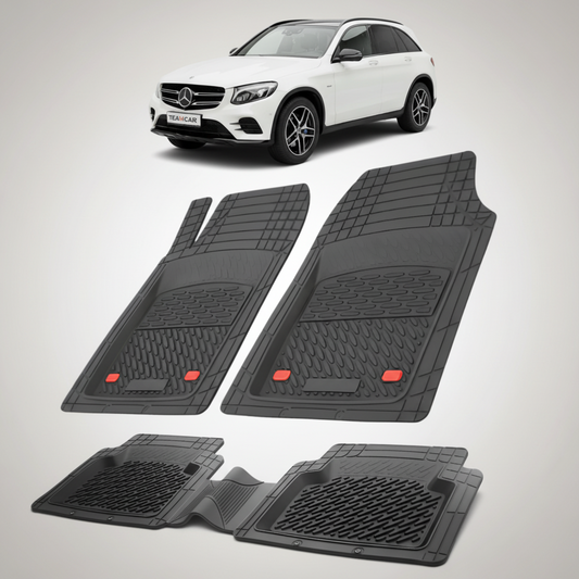 Set of black car floor mats with a white Mercedes-Benz GLC-Class in the background.
