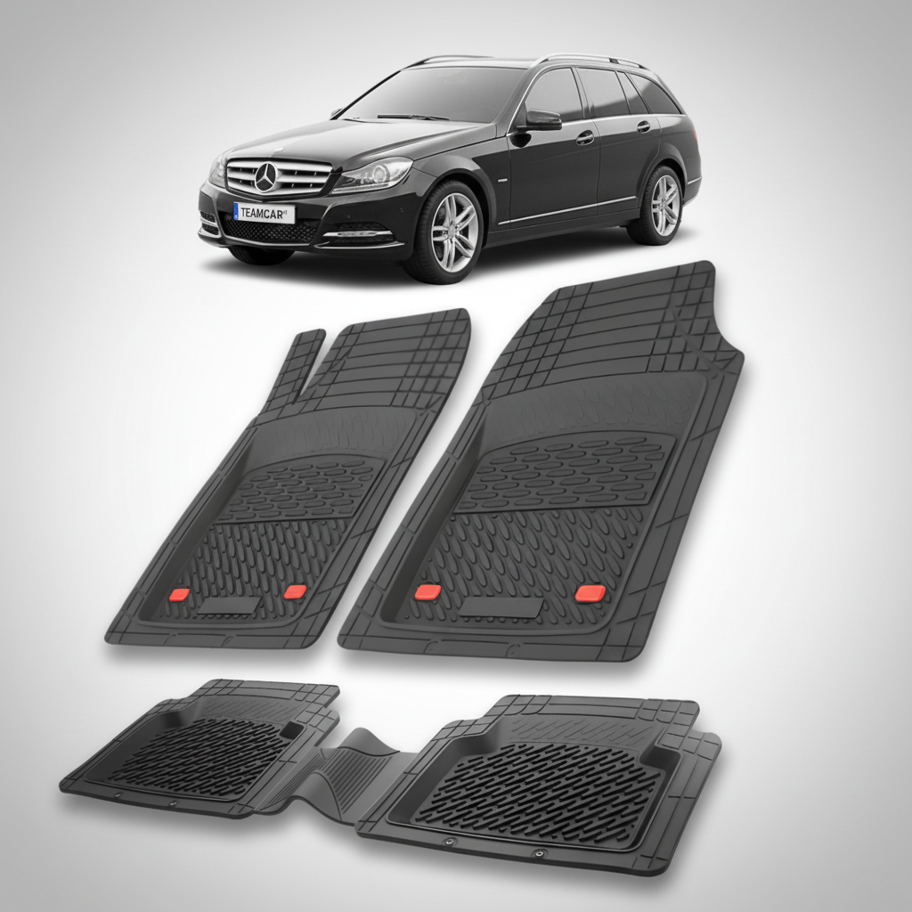 Set of black car floor mats with a Mercedes-Benz car in the background.