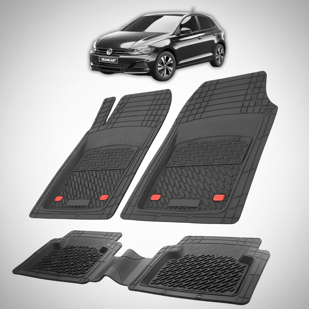 Set of black car floor mats with a Volkswagen car in the background