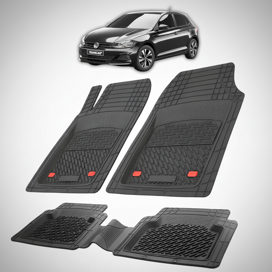 Set of black car floor mats with a Volkswagen car in the background