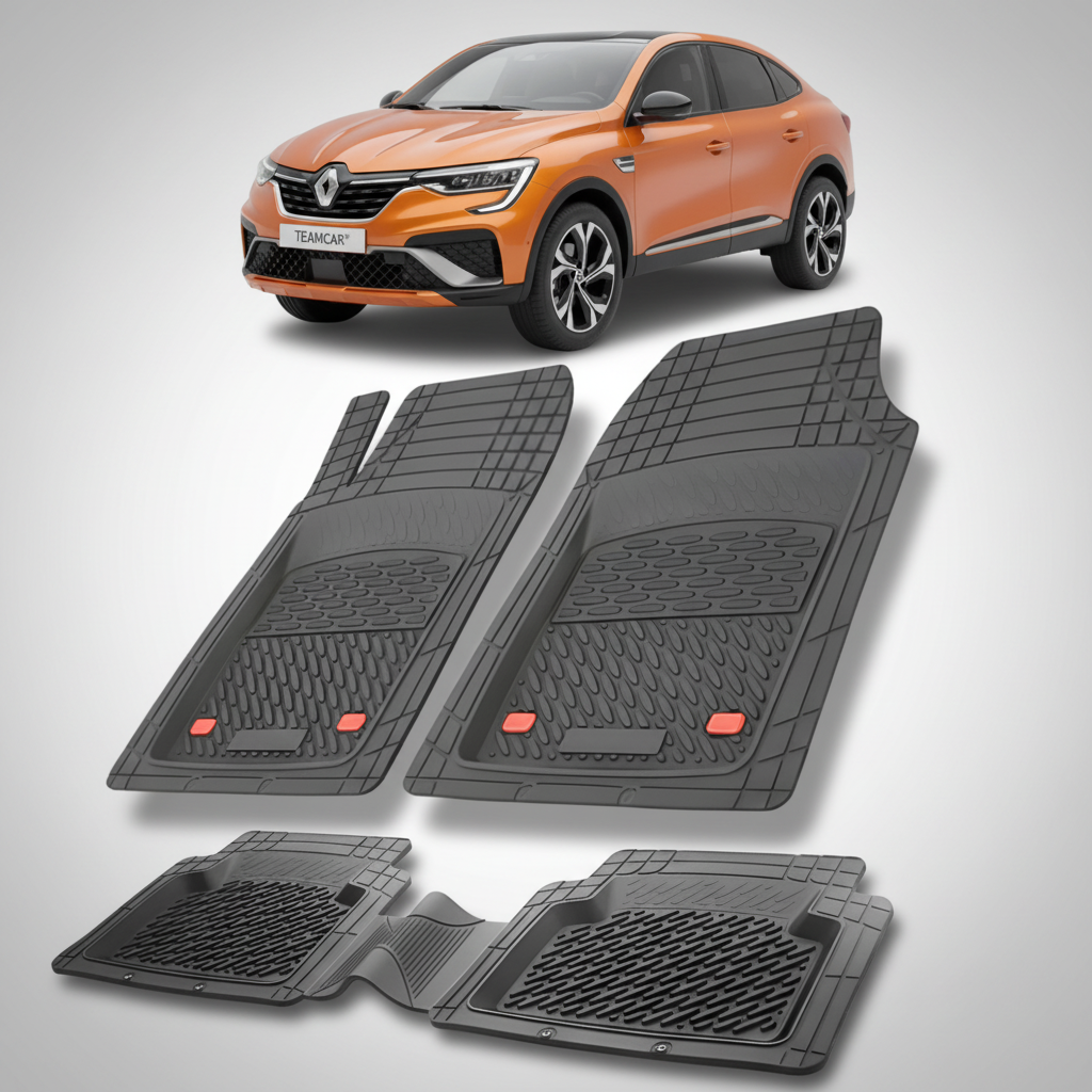 set de covorase din cauciuc negre cu un renault arkana suv coupe portocaliu in fundal