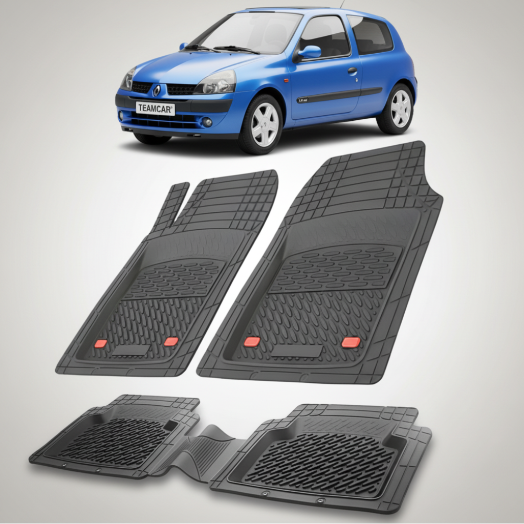 set de covorase din cauciuc negre cu o renault clio ii hatchback albastru in fundal