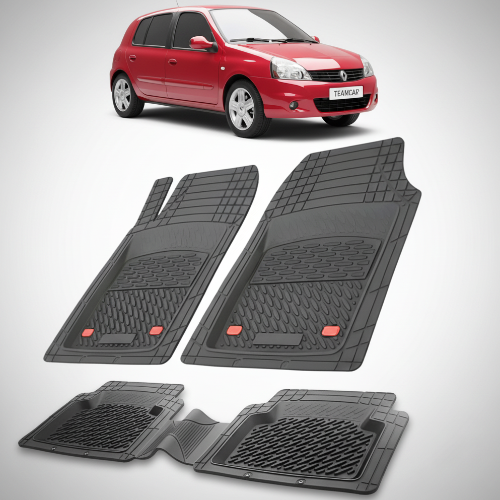 set de covorase din cauciuc negre cu o renault clio ii campus hatchback rosie in fundal