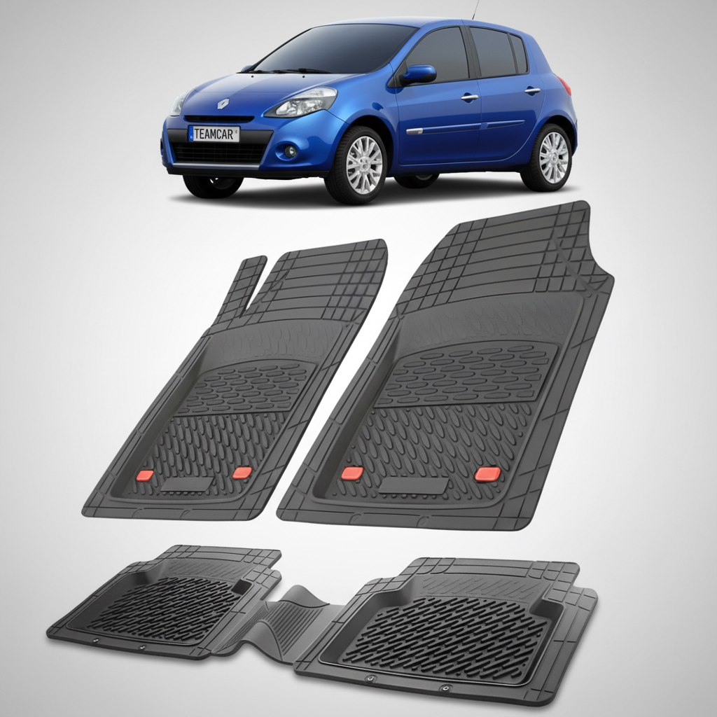 set de covorase din cauciuc negre cu o renault clio iii hatchback albastra in fundal