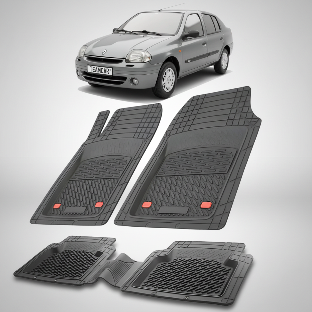 set de covorase din cauciuc negre cu o renault clio symbol sedan gri in fundal