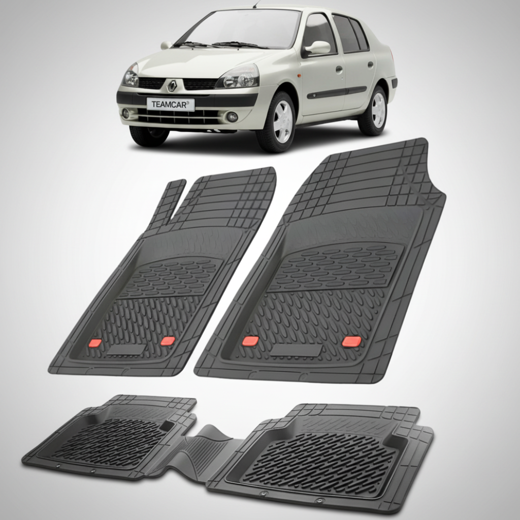 set de covorase din cauciuc negre cu o renault clio symbol sedan gri in fundal
