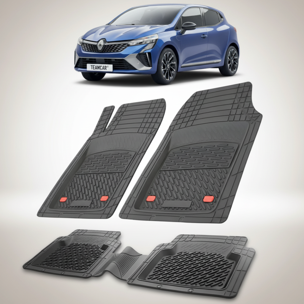 set de covorase din cauciuc negre cu o renault clio v hatchback albastru in fundal