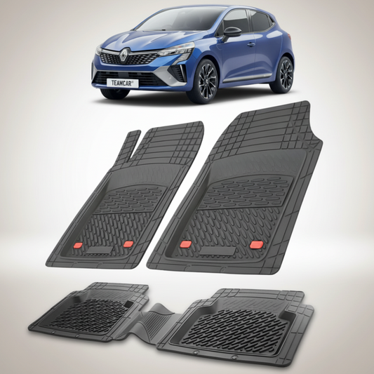 set de covorase din cauciuc negre cu o renault clio v hatchback albastru in fundal