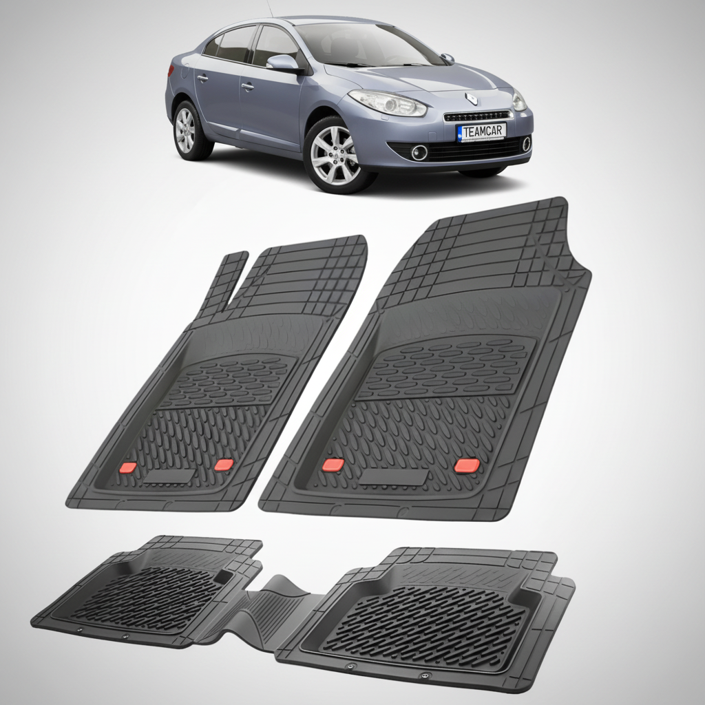 set de covorase din cauciuc negre cu un renault fluence sedan gri in fundal