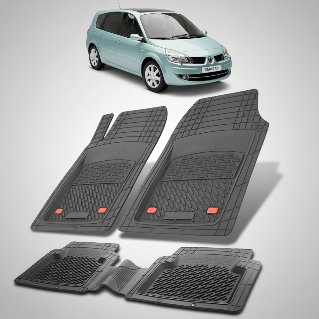 set de covorase din cauciuc negre cu un renault grand scenic ii mpv albastru deschis in fundal