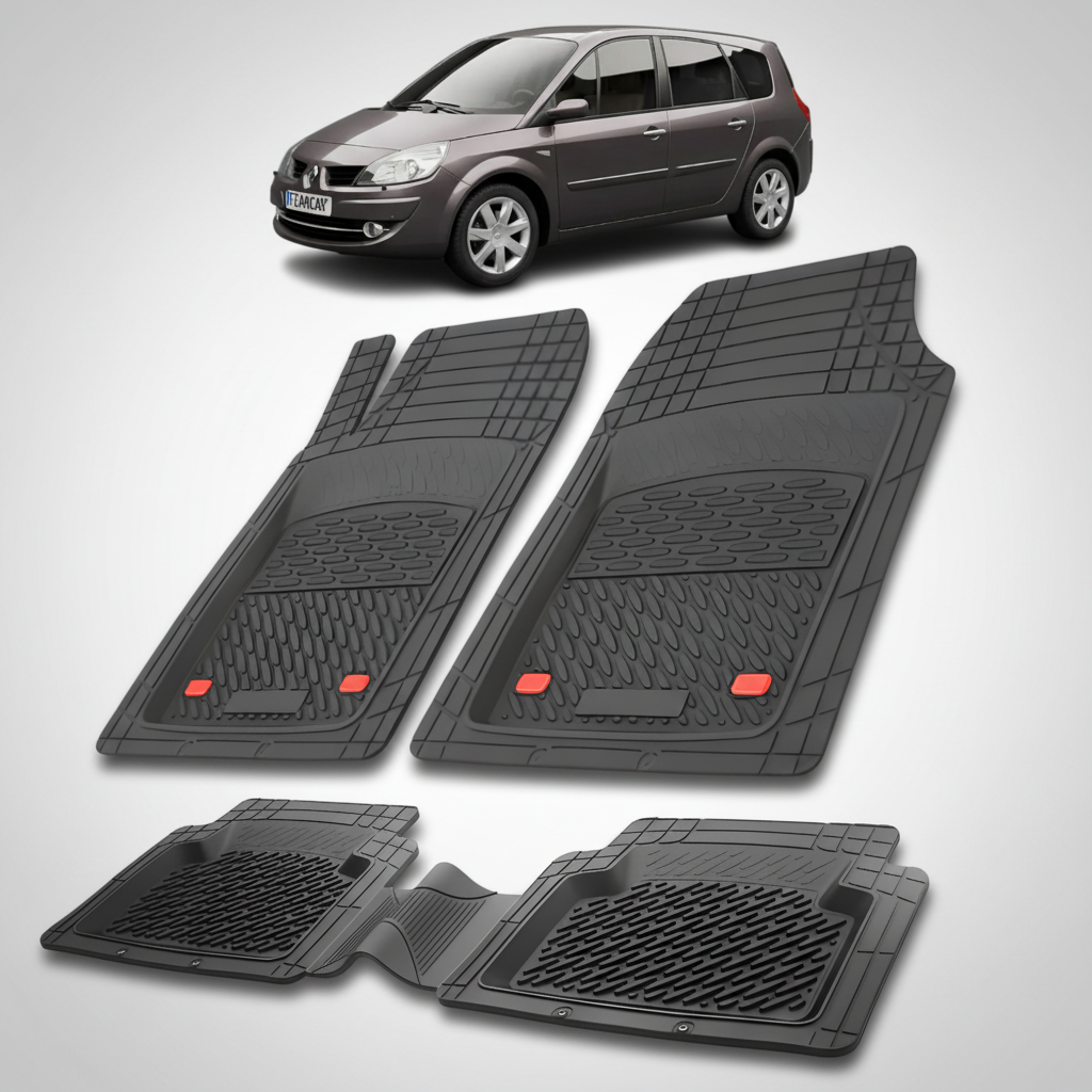 Set of black car floor mats with a car in the background