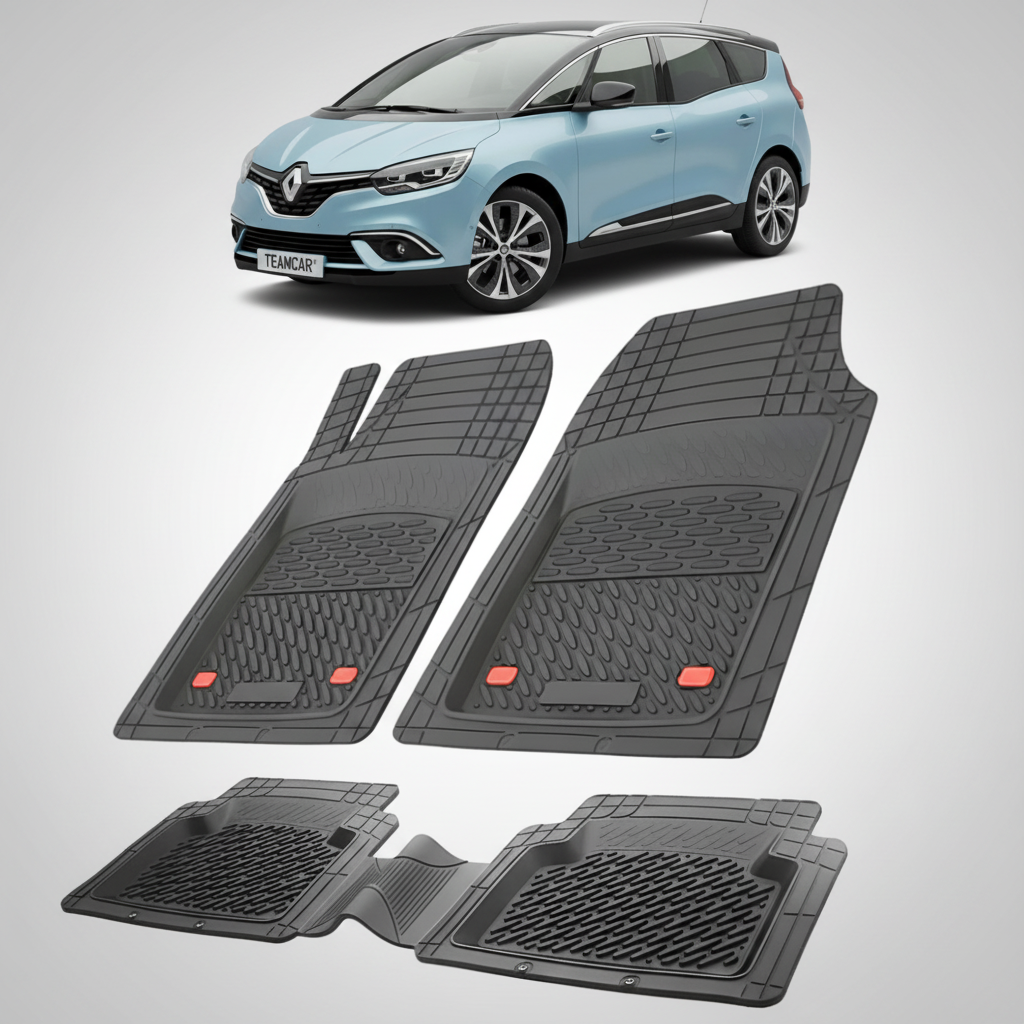 set de covorase din cauciuc negre cu un renault grand scenic 4 albastru in fundal