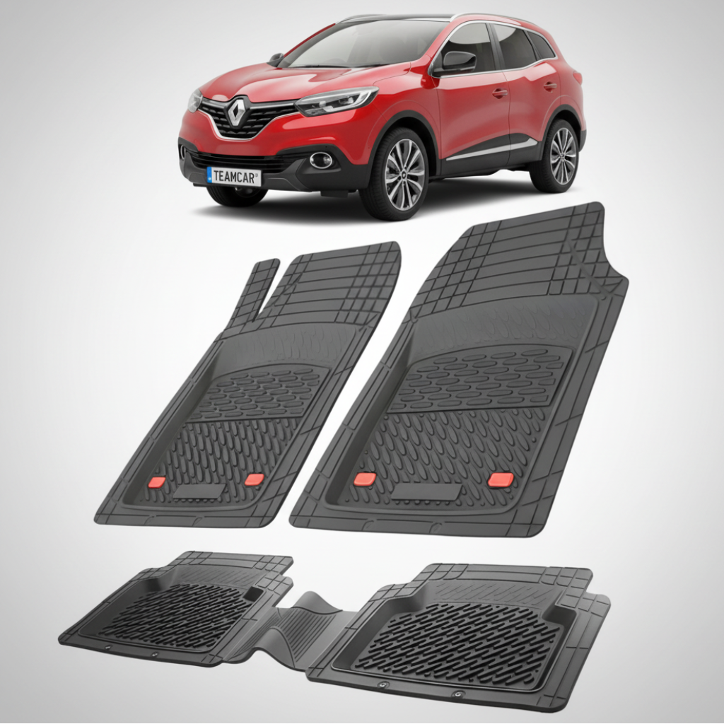 set de covorase din cauciuc negre cu un renault kadjar suv rosu in fundal