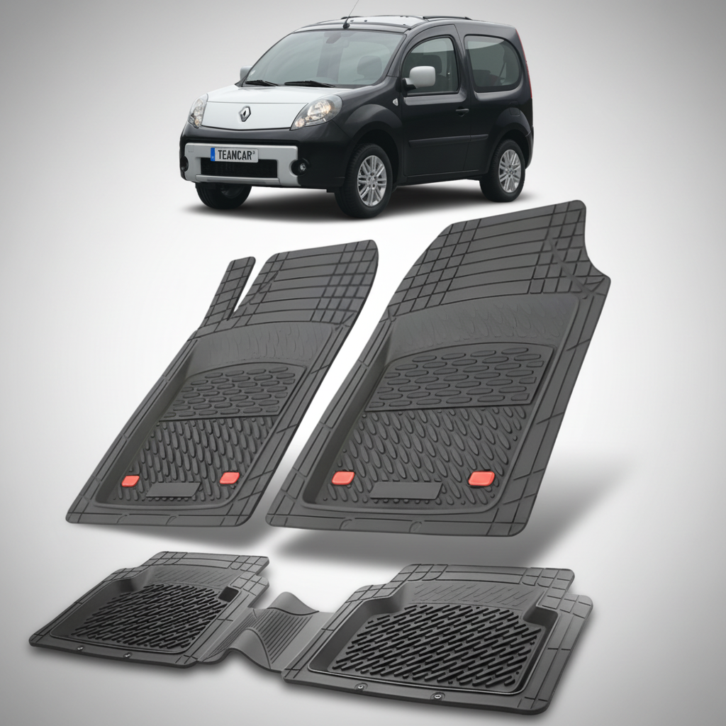 set de covorase din cauciuc negre cu un renault kangoo bebop negru cu alb in fundal