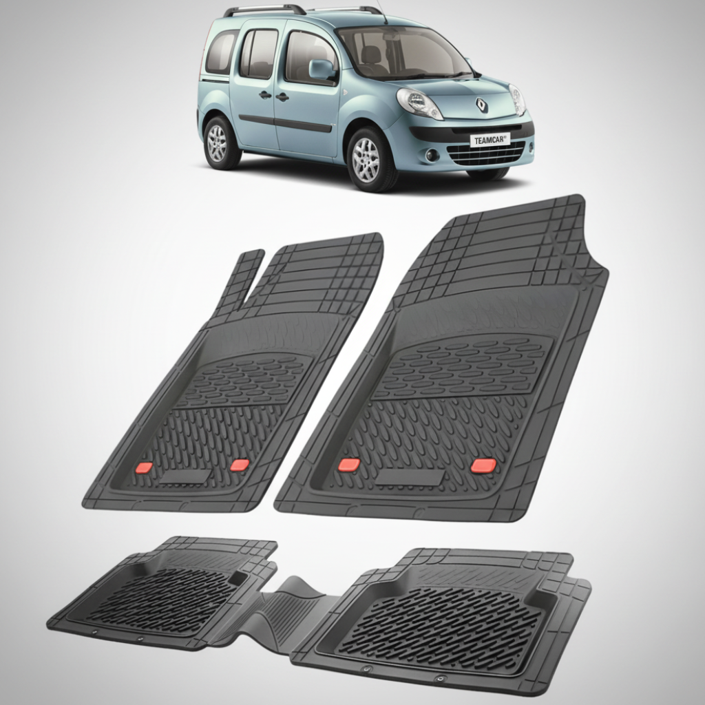 set de covorase din cauciuc negre cu un renault kangoo ii phase 1 albastru deschis in fundal