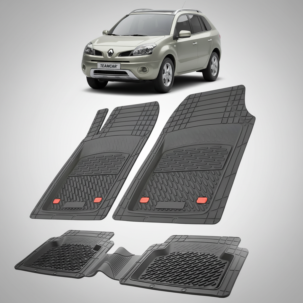 set de covorase din cauciuc negre cu un renault koleos i suv bej-verzui in fundal