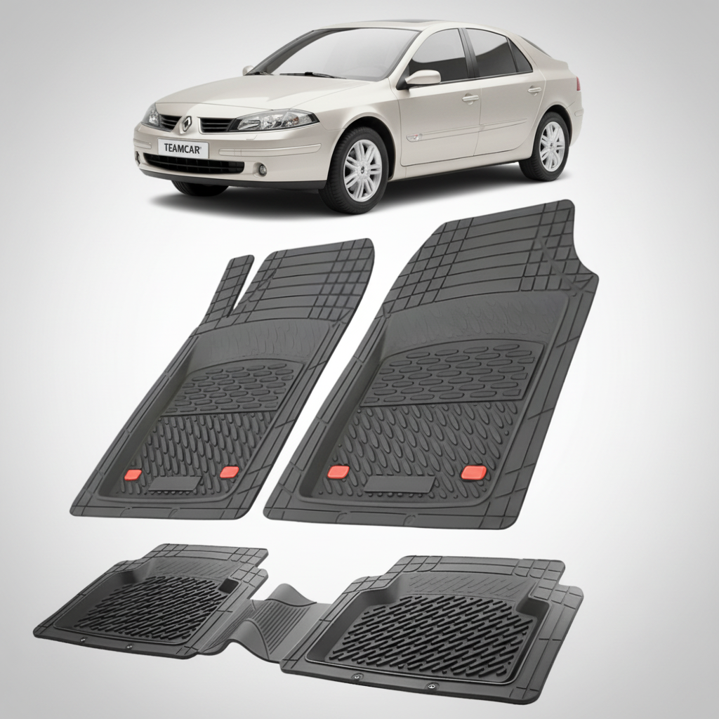 set de covorase din cauciuc negre cu un renault laguna ii hatchback argintie in fundal